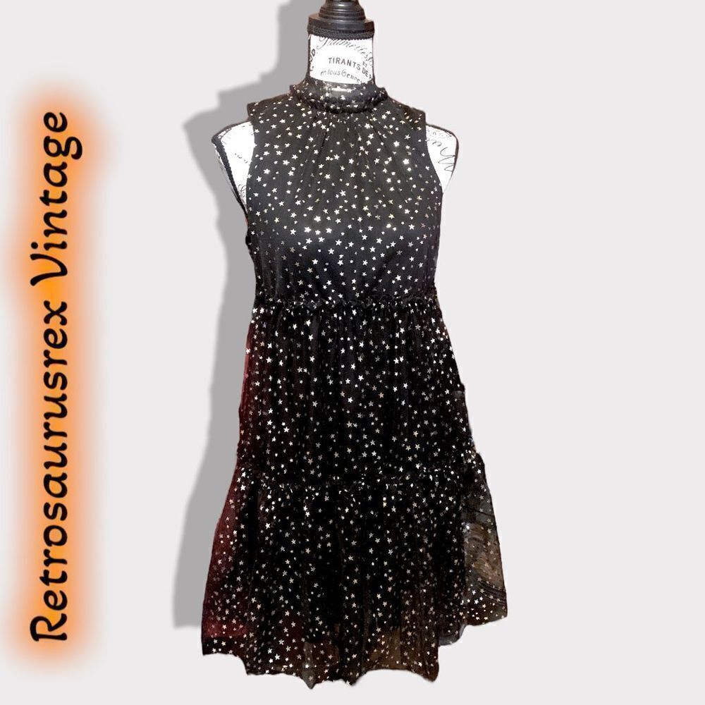 POPSUGAR Babydoll Gold Foil Star Tiered Little Black Party Dress, XS - Picture 3 of 8